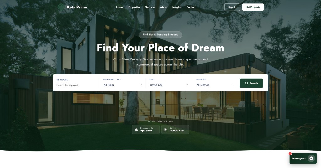 Modern property website hero with search and navigation